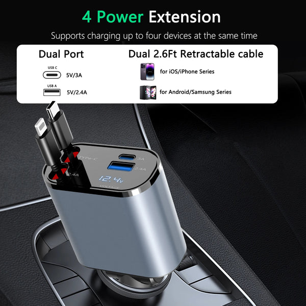 100W 4 IN 1 Retractable Car Charger USB